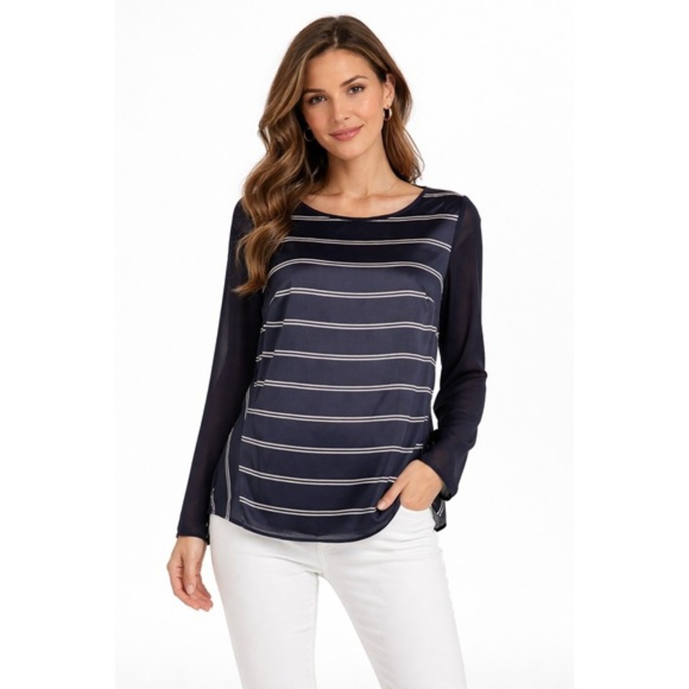 Ann Taylor Navy Blue Striped Satin Mixed Media Blouse Long Sleeve XS 76-10